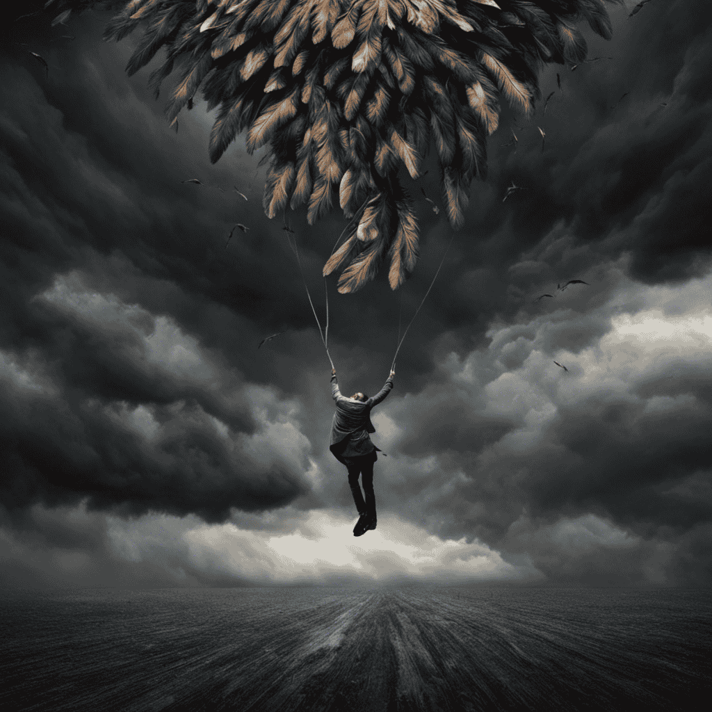 An image depicting a person falling from a great height, surrounded by dark storm clouds