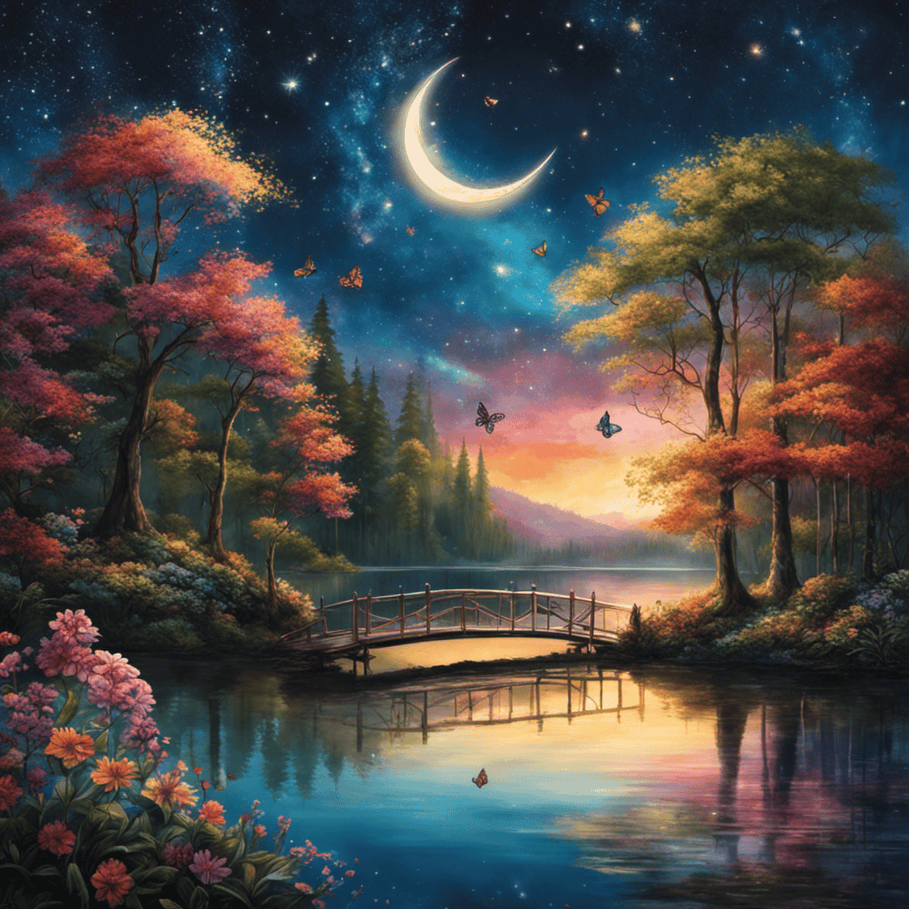An image showcasing a serene, starlit sky with a crescent moon, reflecting on a calm lake