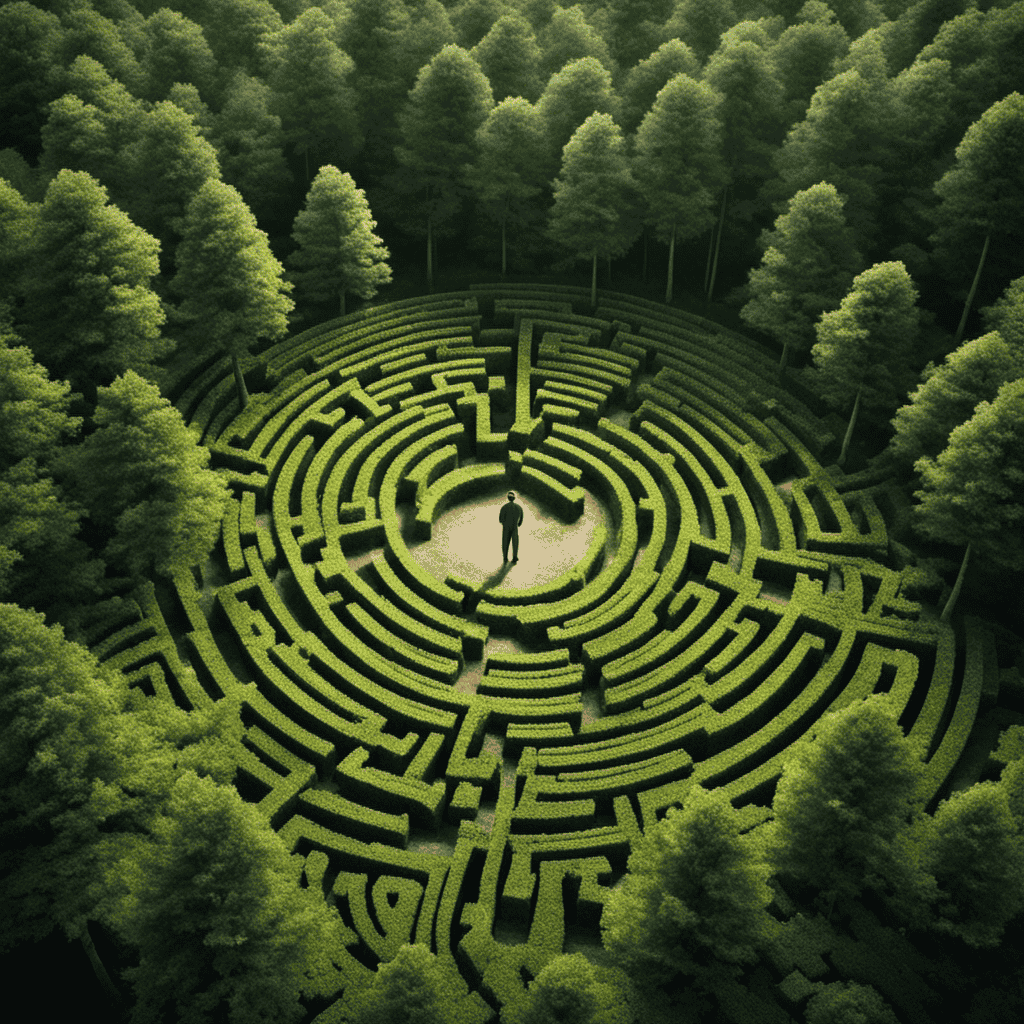An image showcasing a person standing alone in a dense forest, surrounded by towering trees that form an impenetrable maze
