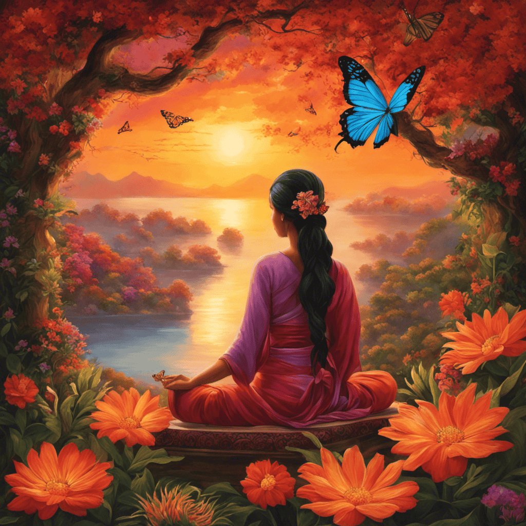 An image depicting a serene meditation scene: a vibrant sunset backdrop casting warm hues over a tranquil figure, engrossed in deep meditation, surrounded by a captivating array of blooming flowers and fluttering butterflies