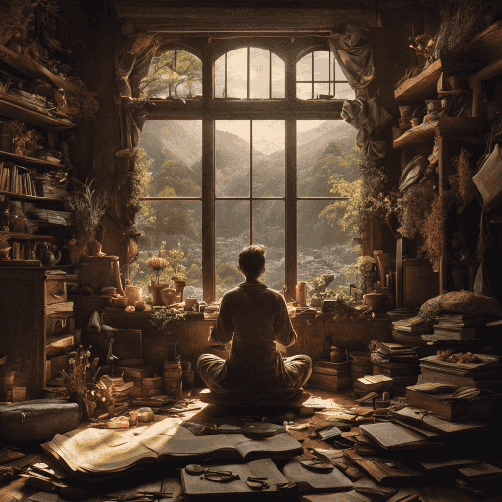 An image depicting a person sitting cross-legged, surrounded by a cluttered room symbolizing life's problems
