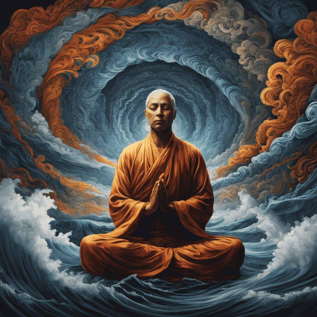 An image depicting a person immersed in meditation, surrounded by a swirling storm of thoughts, symbolizing the misconception that one must completely clear their mind during meditation