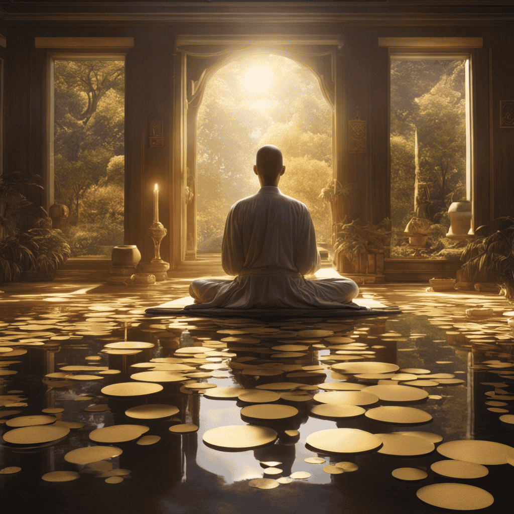 An image depicting a person sitting in a serene, sunlit room with closed eyes and crossed legs, surrounded by floating thoughts and distractions, symbolizing the common misconceptions about meditation