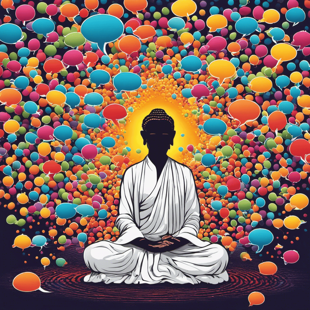 An image depicting a serene meditator surrounded by colorful thought bubbles, each representing a different misconception about meditation