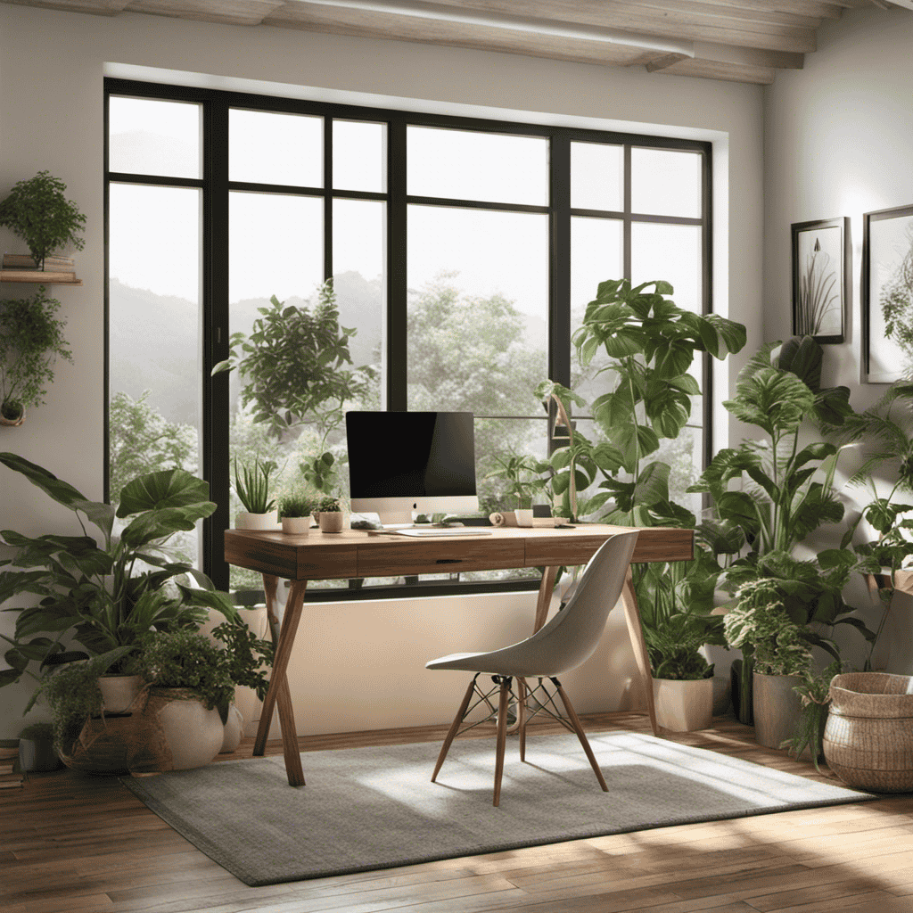  an image capturing a serene workspace adorned with plants, softly lit with natural light