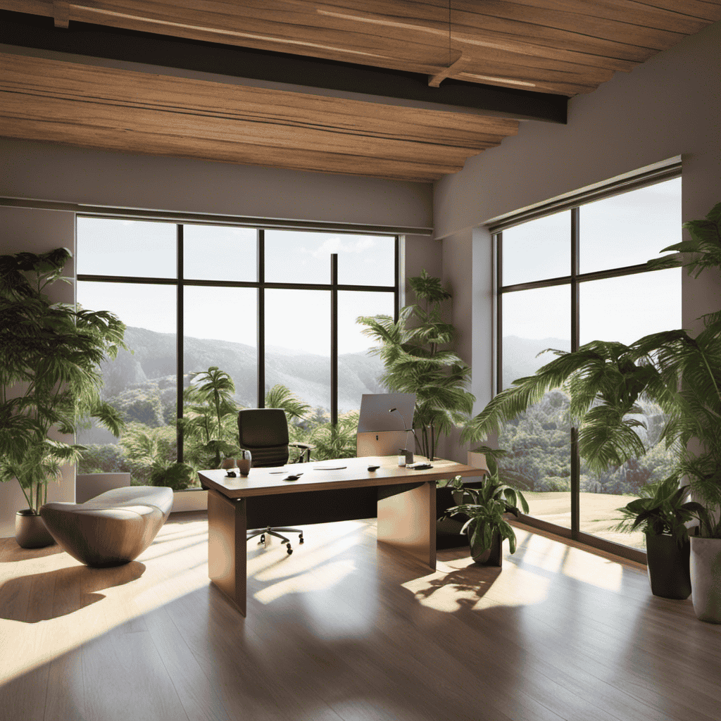 An image of a serene office space with natural light flooding through large windows, showcasing a minimalist desk with a potted plant, a cozy chair, and a calming view of nature outside