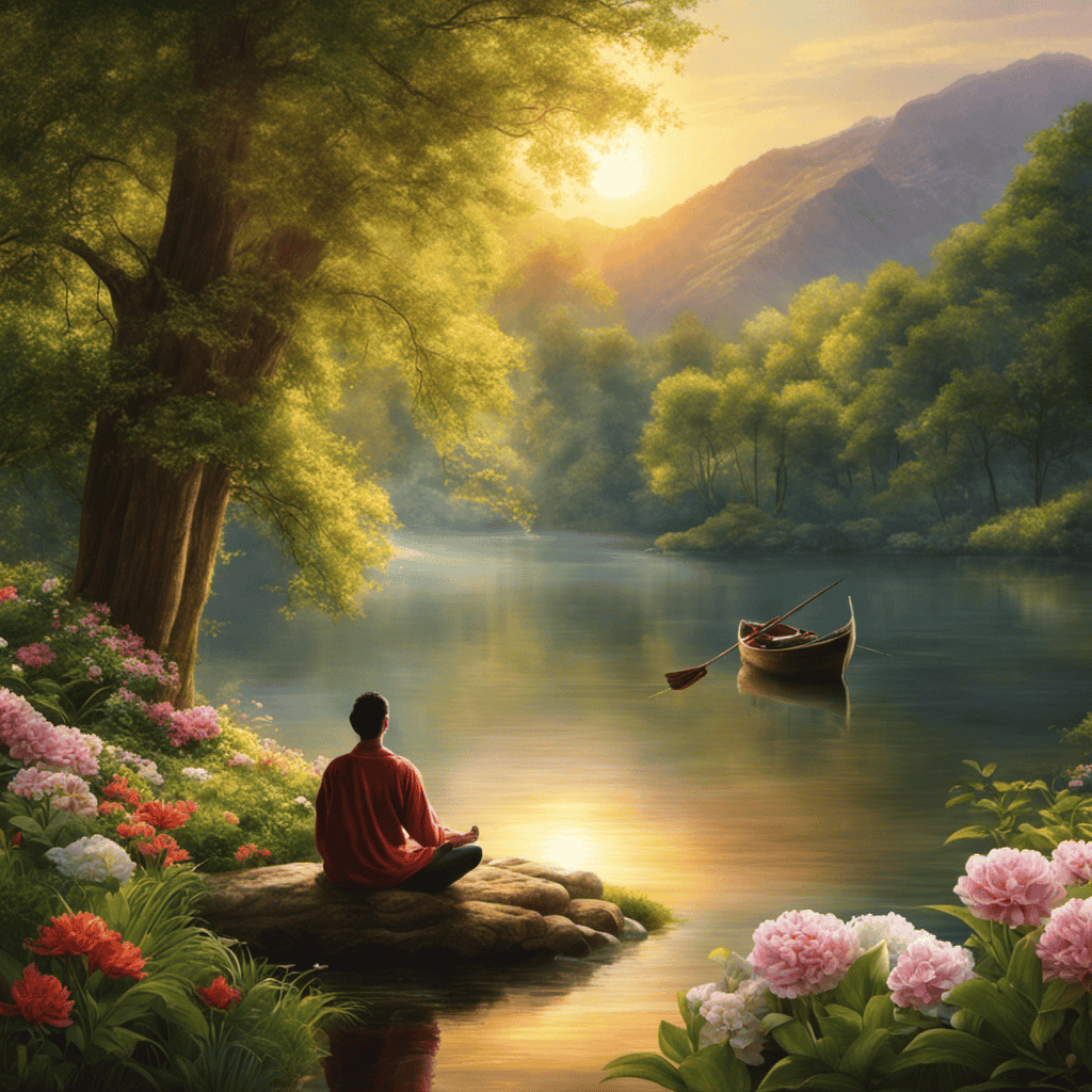An image depicting a serene nature scene, with soft sunlight filtering through lush trees onto a peaceful riverbank