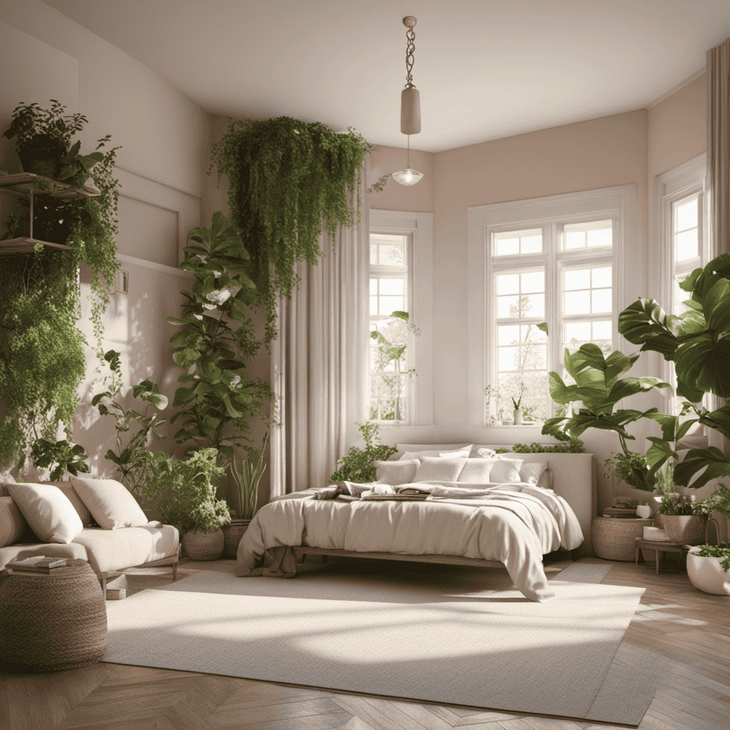  Design an image capturing a serene bedroom with soft, pastel tones, a clutter-free space adorned with green plants, a cozy reading nook, and a sunlit corner for yoga or meditation, inviting calmness and promoting stress relief