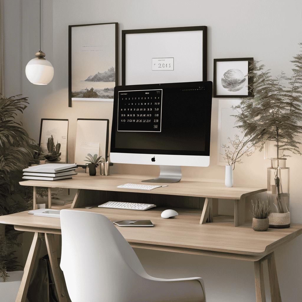 An image of a minimalist workspace with a pristine desk showcasing neatly arranged stationery and a digital calendar displaying a serene nature scene as the wallpaper, promoting an organized and clutter-free environment