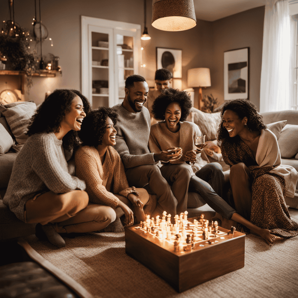 An image of a diverse group of individuals, laughing together in a cozy living room filled with warm light