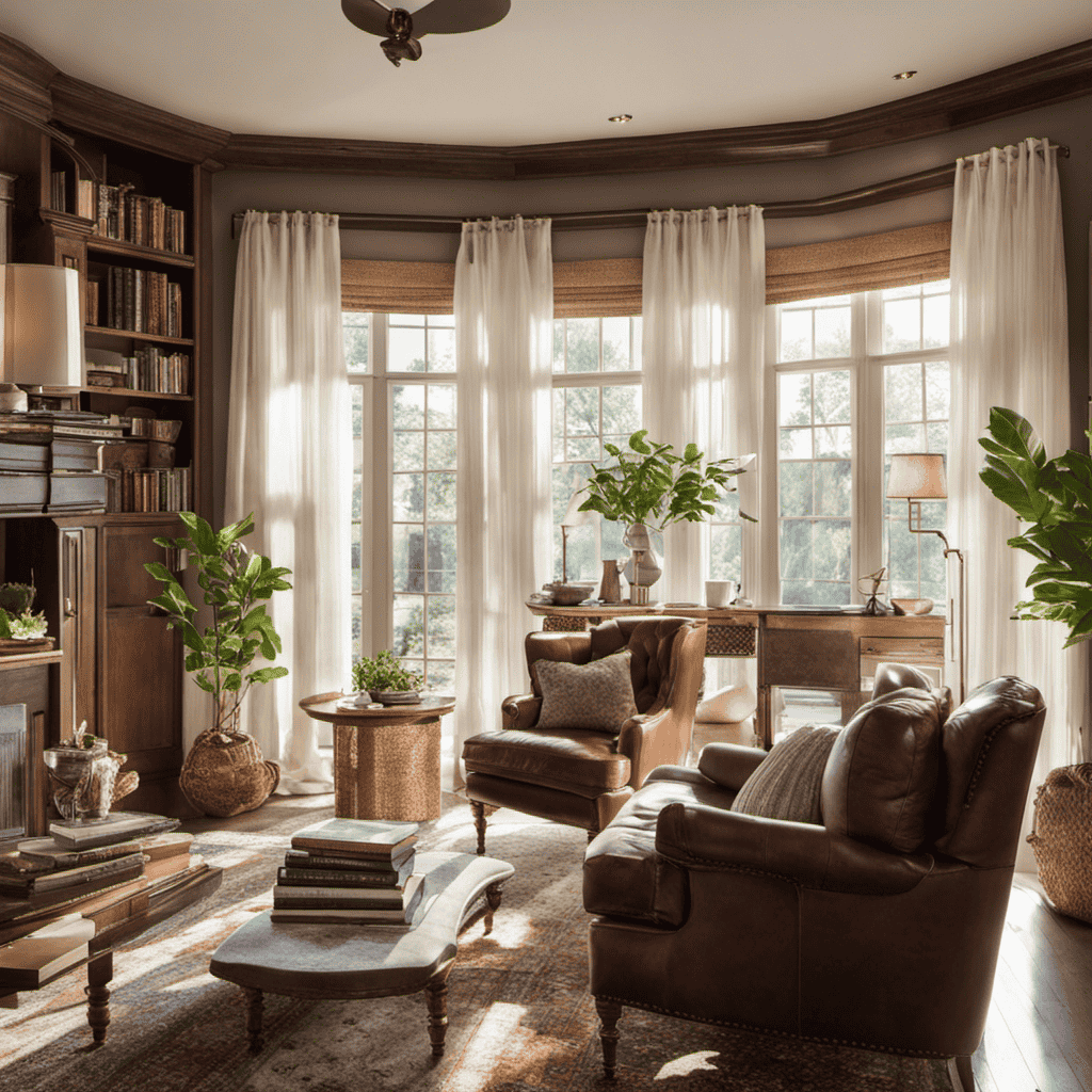 An image of a cozy, clutter-free living room with soft, natural lighting streaming through sheer curtains