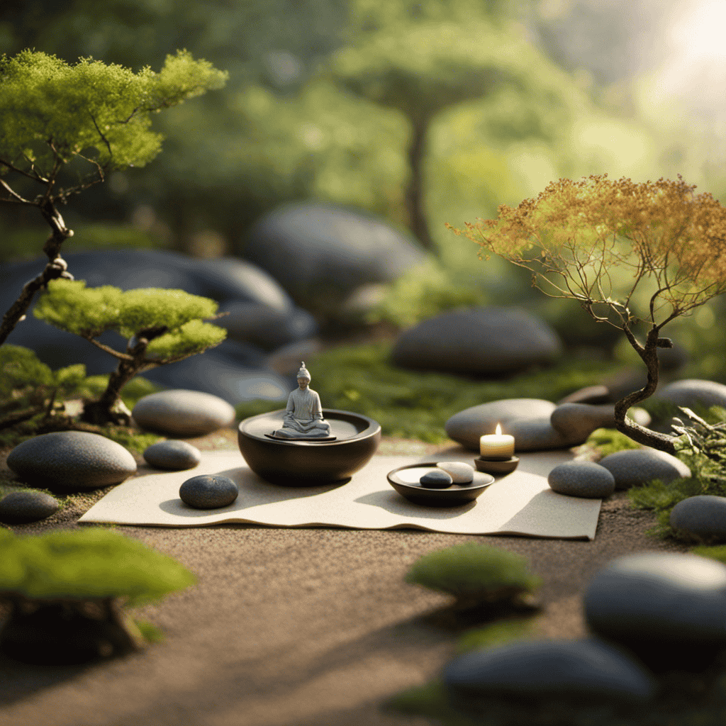 An image showcasing a serene Zen garden, with a person seated in lotus position, practicing mindfulness