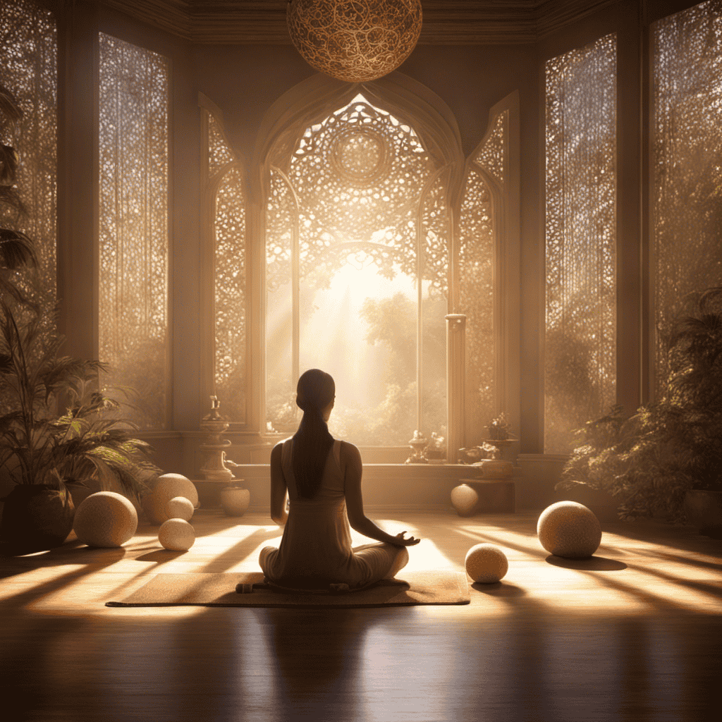An image portraying a serene, sunlit room with a meditator seated on a plush cushion, eyes closed, surrounded by floating orbs of tranquility