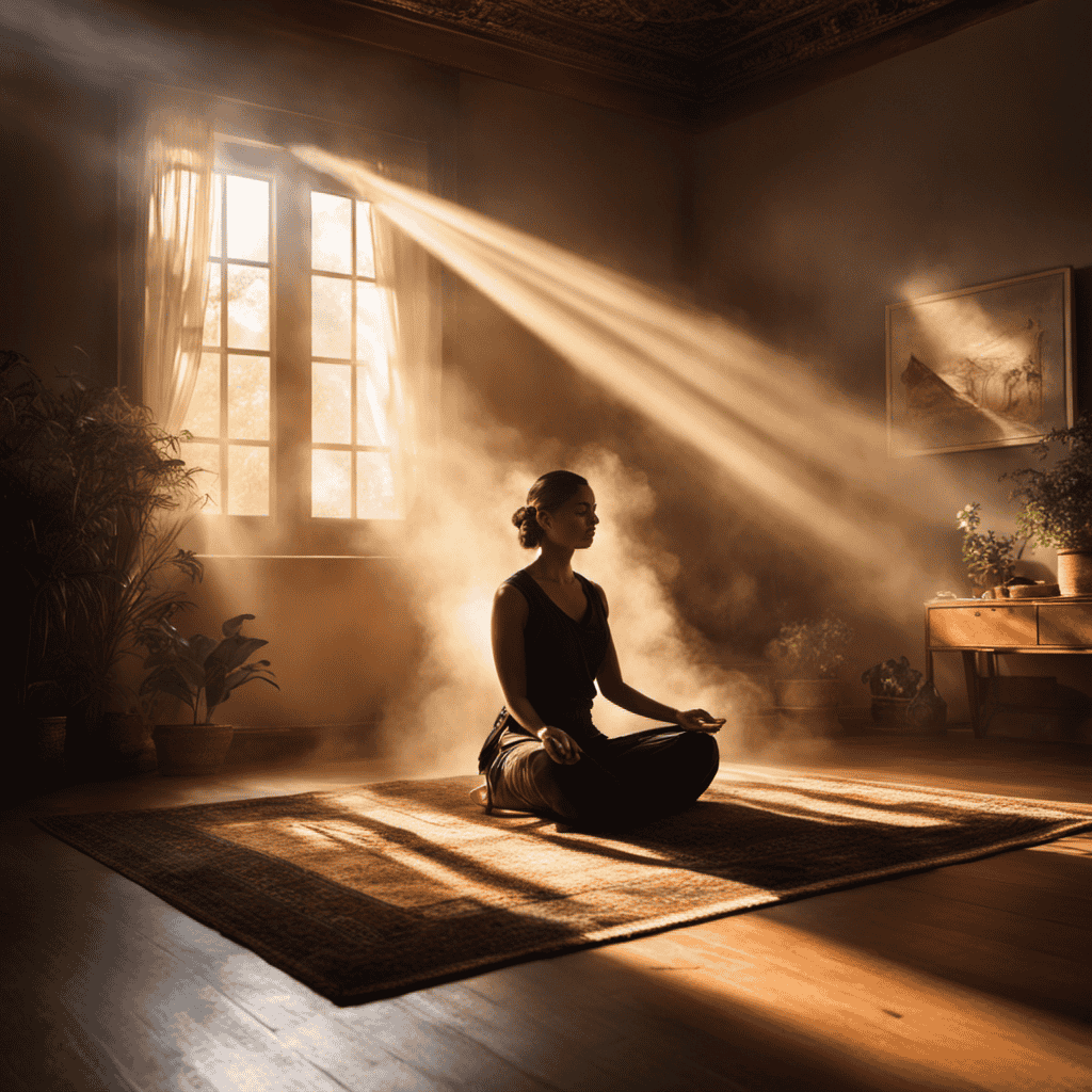 An image showcasing a serene, sunlit room with a person sitting cross-legged, eyes gently closed, surrounded by soft incense smoke
