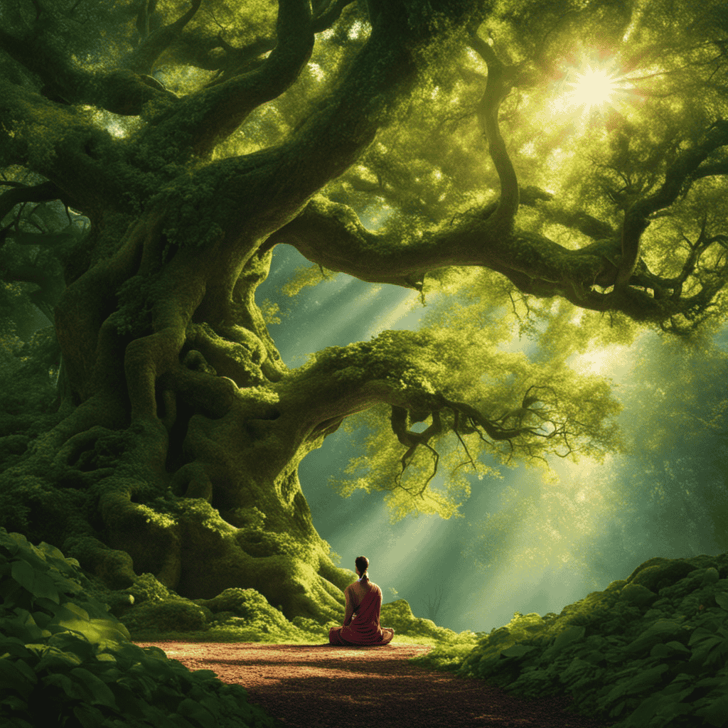 An image that captures the essence of eco-spirituality by depicting a serene forest scene, dappled sunlight filtering through the lush green canopy, with a person meditating under a towering ancient tree, embracing the interconnectedness of nature