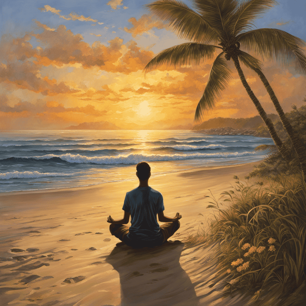 An image depicting a serene sunset beach scene, with a person sitting cross-legged on the sand, eyes closed, hands lifted in gratitude towards the golden sky, radiating a sense of inner peace and healing