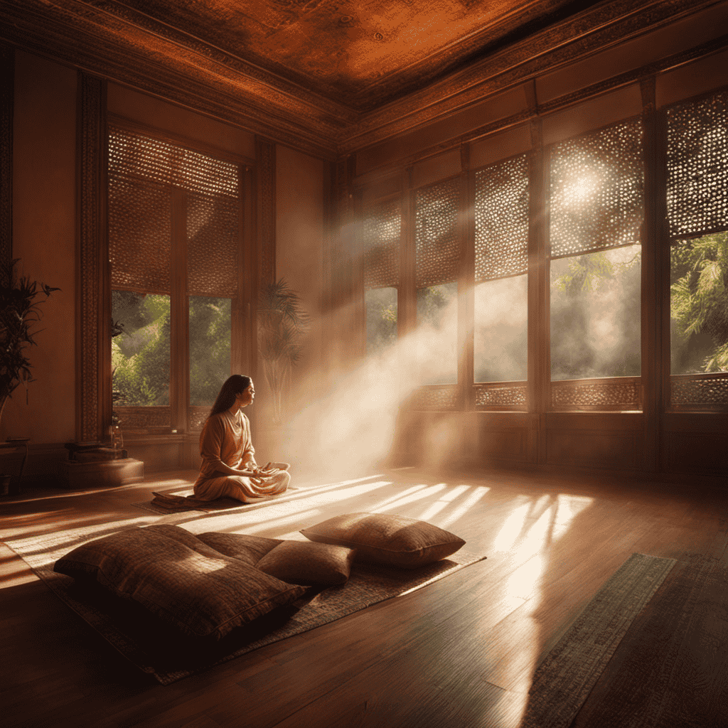 An image showcasing a serene, sunlit room with a comfortable cushioned floor, where a person peacefully sits with closed eyes, surrounded by gentle incense smoke and soft ambient lighting, while engaging in Transcendental Meditation