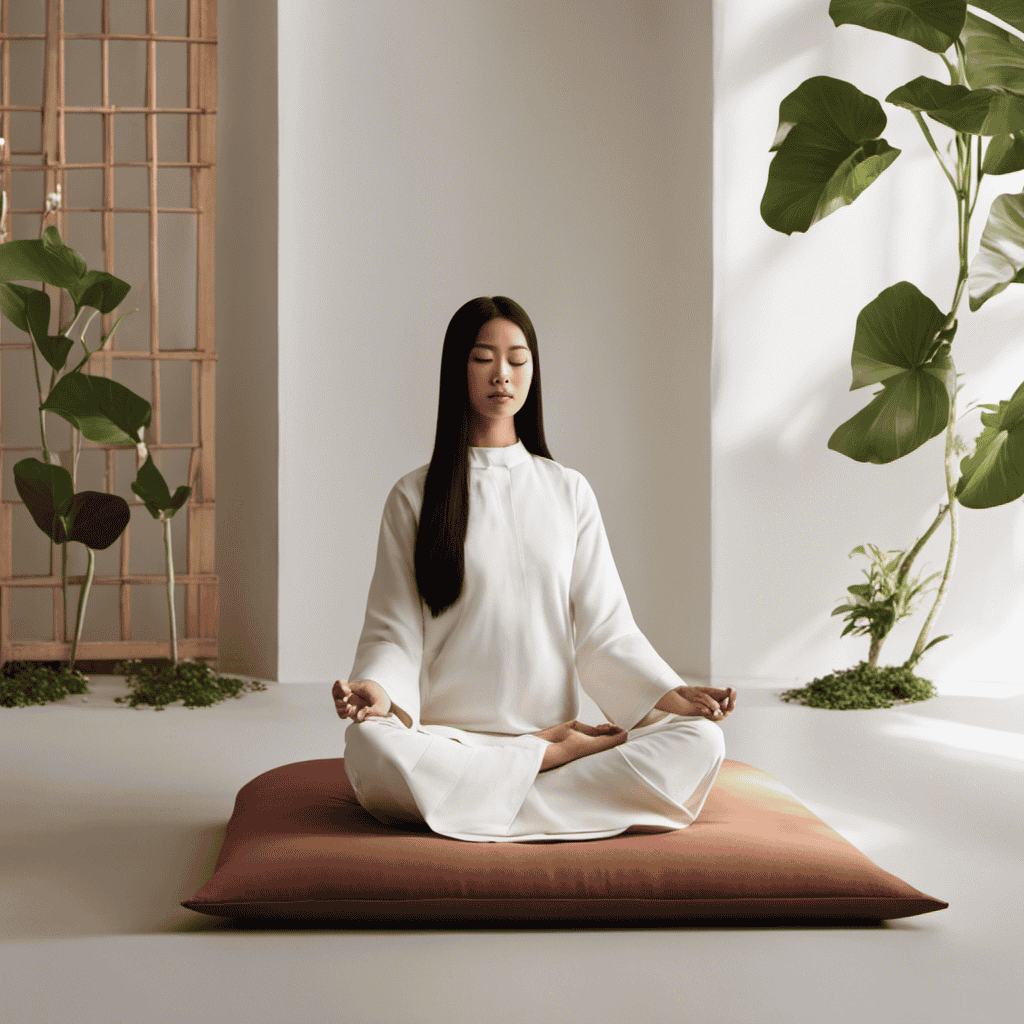 An image depicting a serene, minimalist space adorned with a traditional zafu cushion and a tranquil, softly lit atmosphere