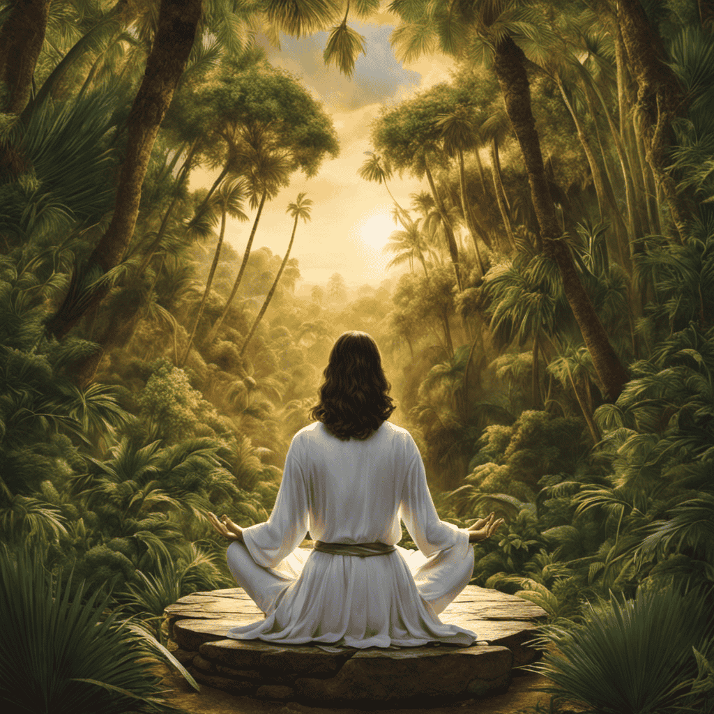 An image that portrays a serene setting with a person sitting cross-legged, eyes closed, palms facing up, surrounded by nature
