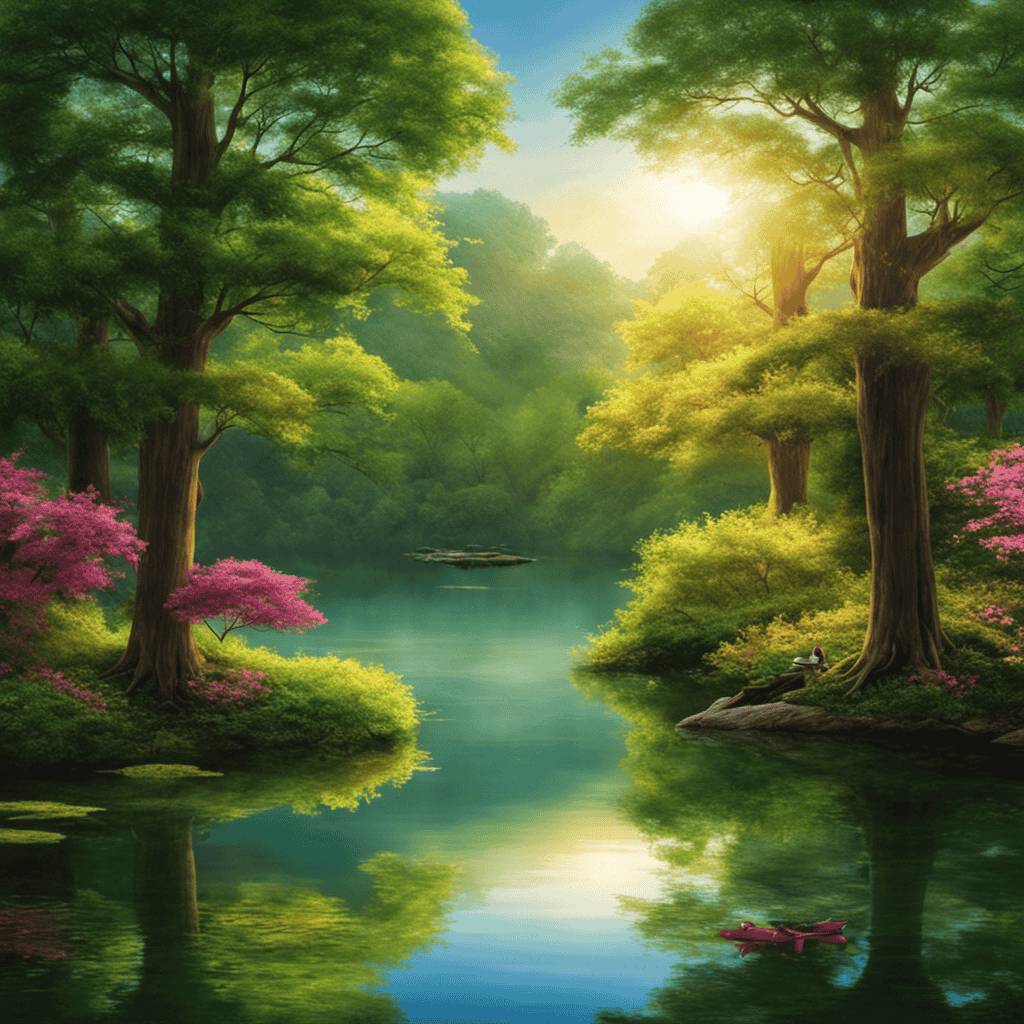 An image showcasing guided visualization meditation: A tranquil setting with a serene lake surrounded by lush trees, where a person peacefully meditates, visualizing their desires as vibrant orbs of light surrounding them