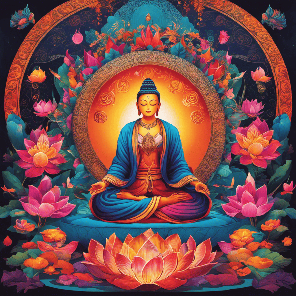 An image depicting a serene setting with a person sitting cross-legged, eyes closed, surrounded by vibrant colors