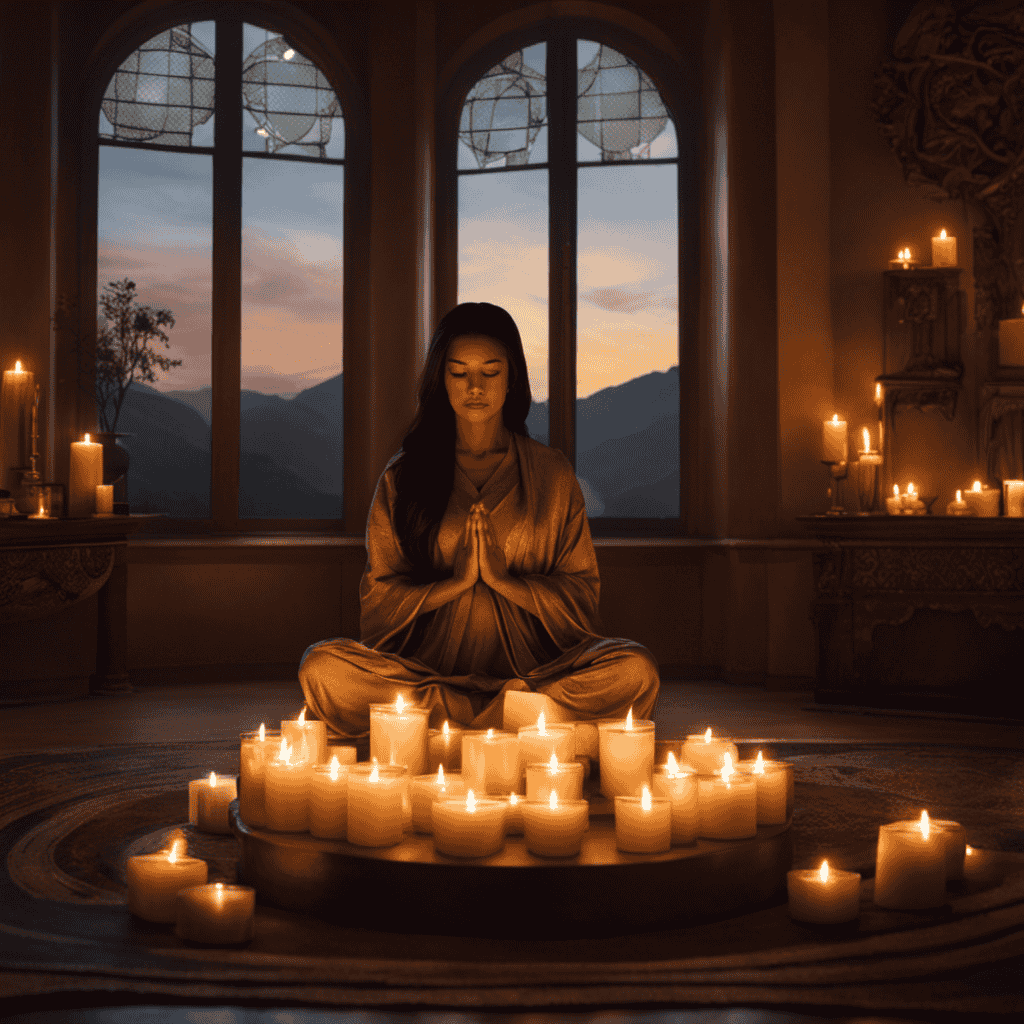 An image showcasing a serene, dimly lit room adorned with flickering candles