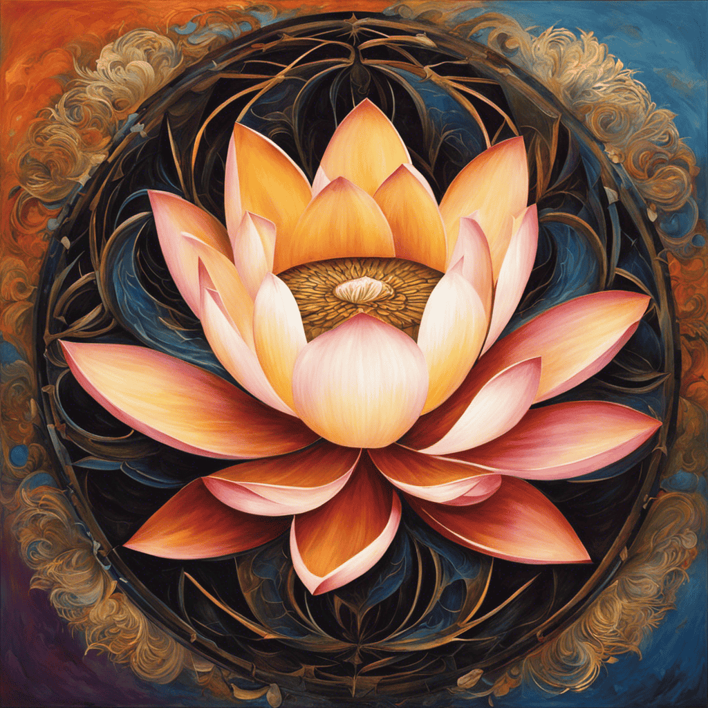 An image contrasting Eastern and Western spirituality by depicting a serene lotus flower blooming from a chaotic, fragmented ego
