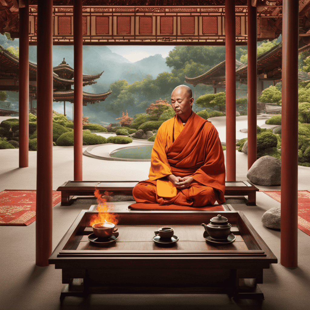 An image showcasing a serene Zen garden with a Buddhist monk engaged in a peaceful tea ceremony, contrasting with a vibrant Hindu temple where devotees participate in a colorful fire ritual