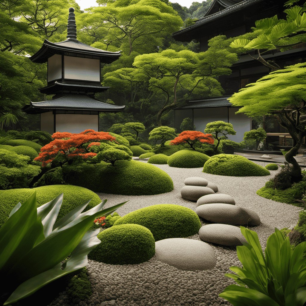An image that juxtaposes a serene Japanese zen garden, with meticulously raked gravel and carefully placed rocks, against a vibrant Indian ashram surrounded by lush tropical flora, emphasizing the contrasting yet harmonious relationship between Eastern and Western spirituality with nature