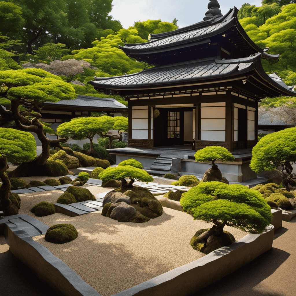 An image showcasing a serene Japanese Zen garden with meticulously raked gravel patterns and delicately pruned bonsai trees, juxtaposed with a vibrant Indian temple adorned with intricate carved sculptures and colorful floral garlands