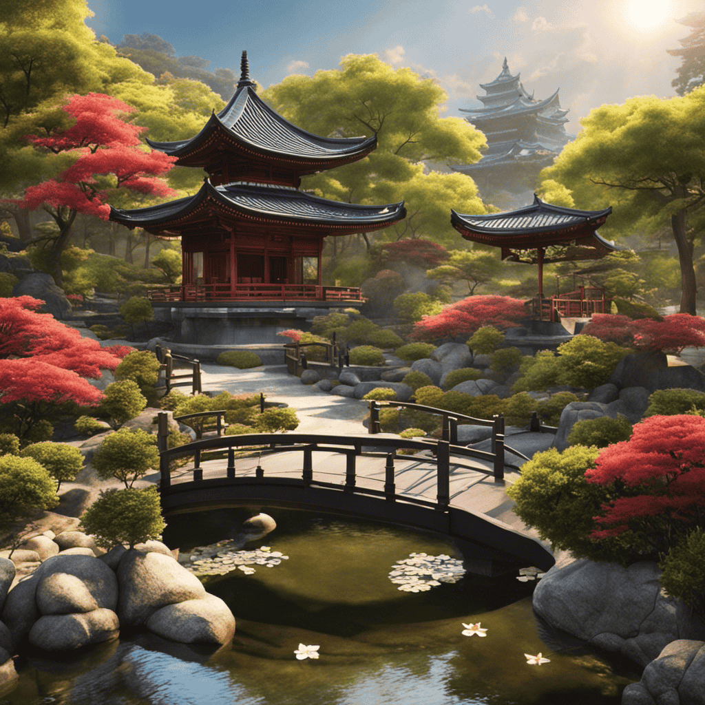 An image depicting a serene Zen garden nestled in the heart of a bustling city, contrasting the peaceful Eastern spirituality with the vibrant Western society