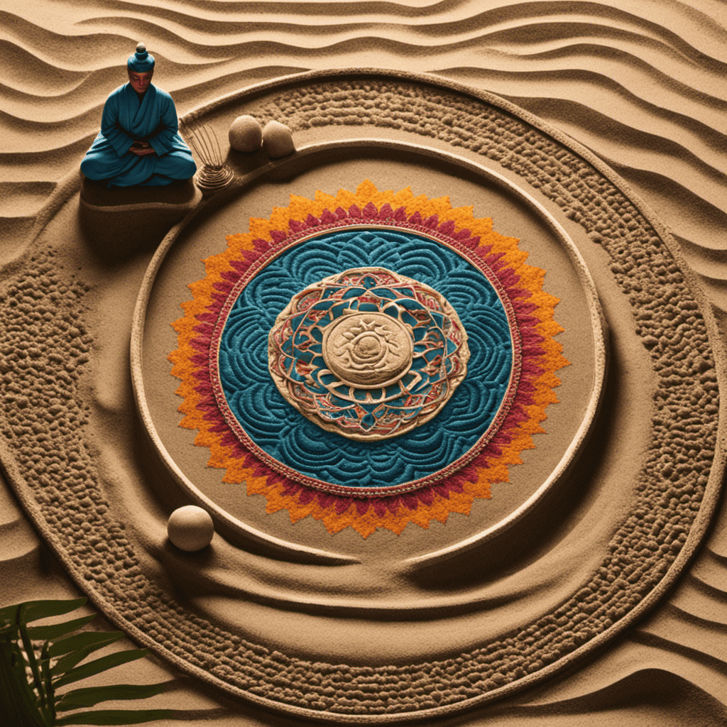 An image showcasing a serene Zen garden with a meditating figure surrounded by carefully raked sand patterns, juxtaposed against a vibrant Indian mandala, symbolizing the contrasting yet harmonious Eastern and Western approaches to meditation practices