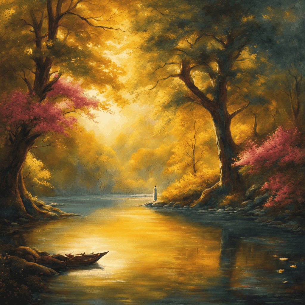An image depicting a serene forest bathed in golden sunlight, with a solitary figure standing at the edge of a sparkling lake, surrounded by vibrant blossoms and ancient trees, symbolizing the transformative journey of self-discovery towards inner peace and spiritual awakening