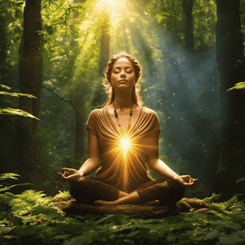 An image capturing a person meditating amidst a serene forest, their body surrounded by radiant beams of light flowing from the sky