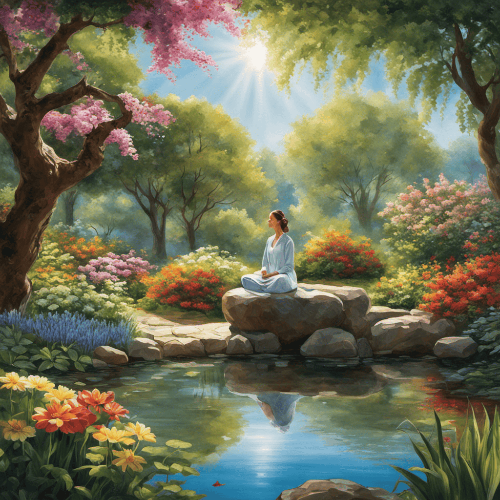 An image showcasing a serene garden with vibrant blooming flowers, a tranquil pond reflecting a clear blue sky, and a person meditating under a peaceful tree, surrounded by gentle rays of sunlight