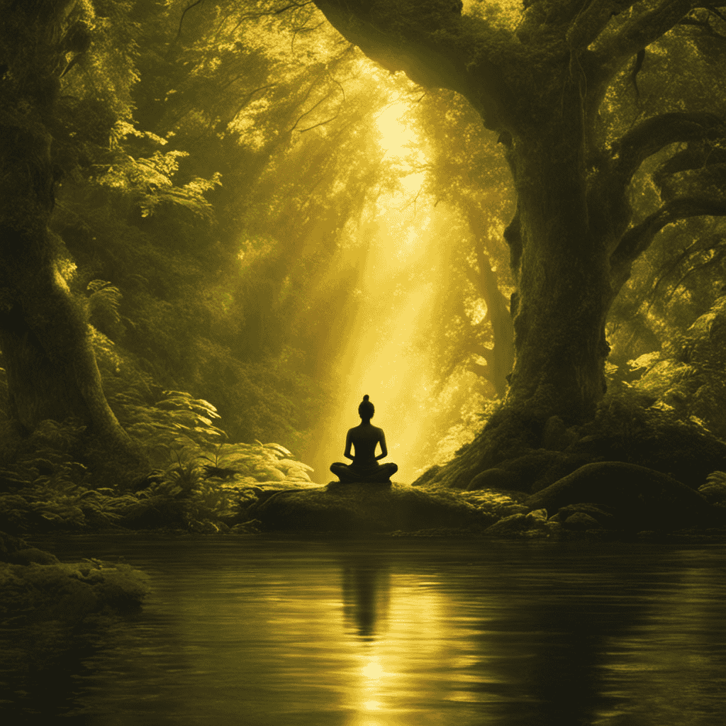 An image that captures the essence of spirituality: a solitary figure, bathed in golden light, meditating amidst a lush forest