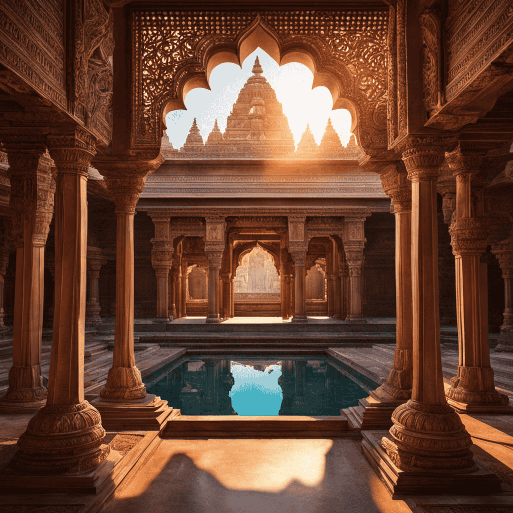 An image that depicts a serene setting within an ancient Indian temple, with intricately carved pillars, softly lit by sunlight filtering through stained glass windows, evoking the profound history and philosophy of yoga