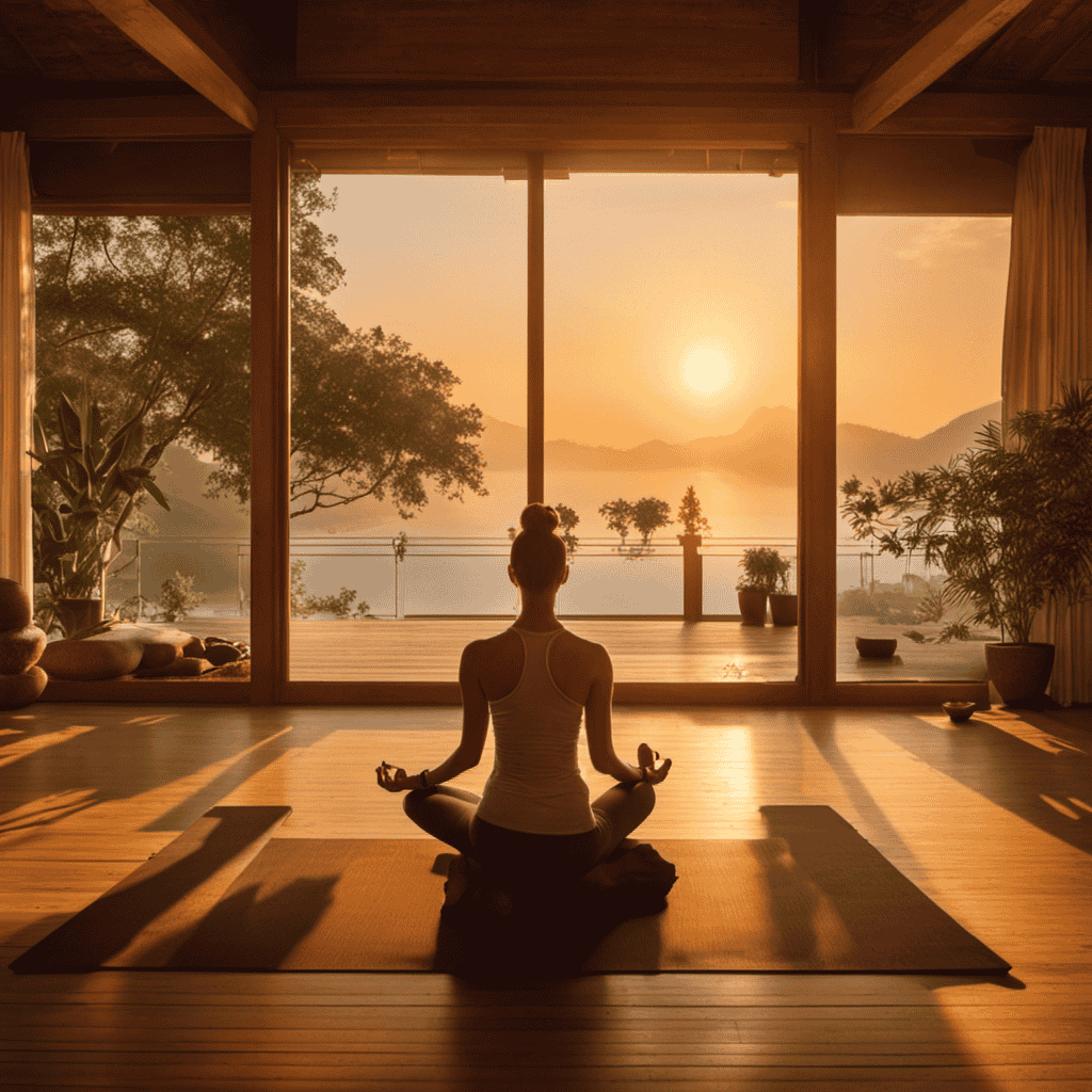 An image showcasing a serene yoga studio, bathed in warm golden light, where diverse individuals engage in peaceful asanas