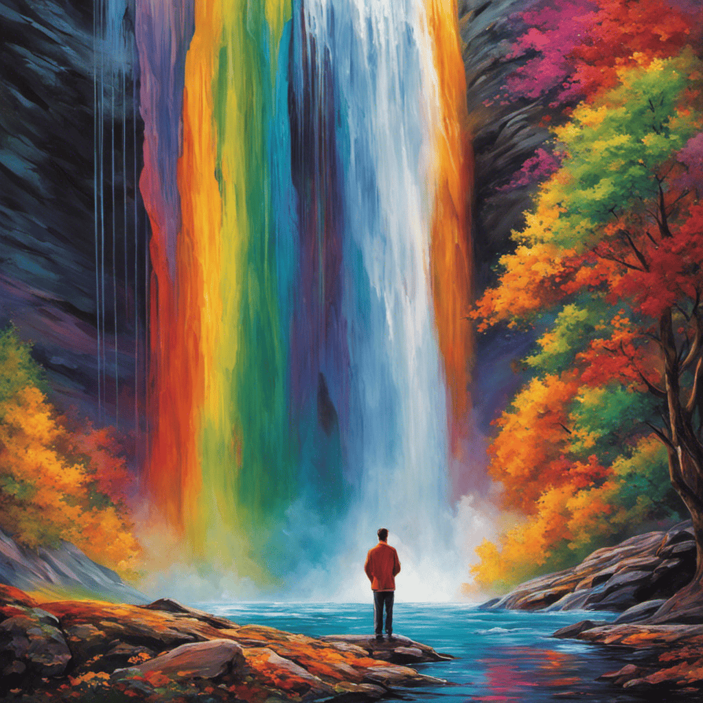 An image showcasing a person surrounded by vibrant, swirling colors, as they stand under a cascading waterfall