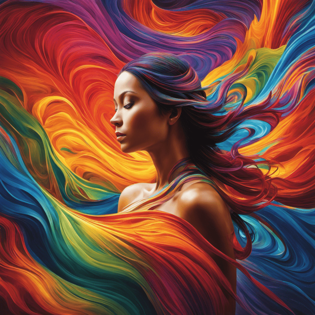 An image showcasing a person surrounded by vibrant, swirling colors, radiating from their body in a symphony of hues