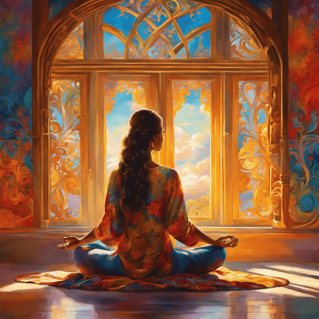 An image of a person sitting cross-legged in a serene, sunlit room, surrounded by vibrant, swirling colors