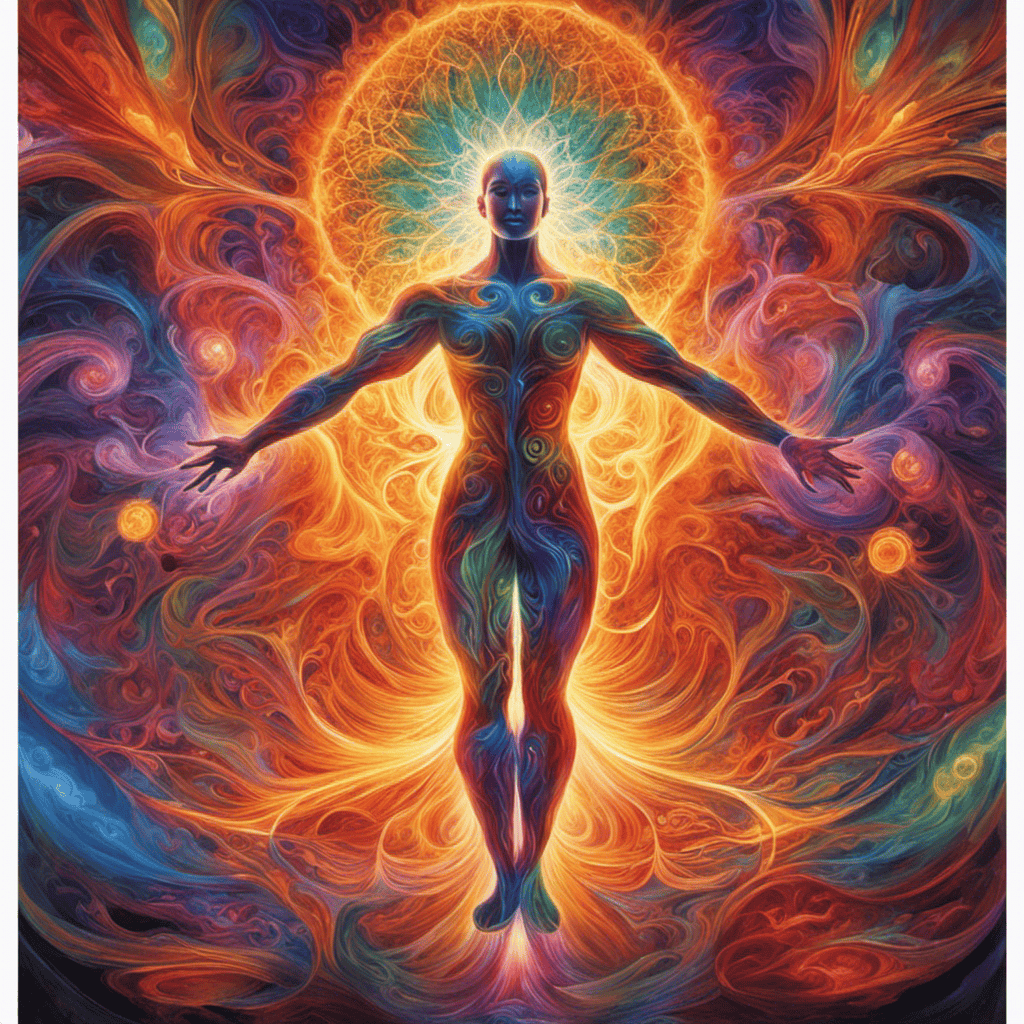 An image depicting a person surrounded by vibrant, glowing auras of various colors, intricately intertwined with their body