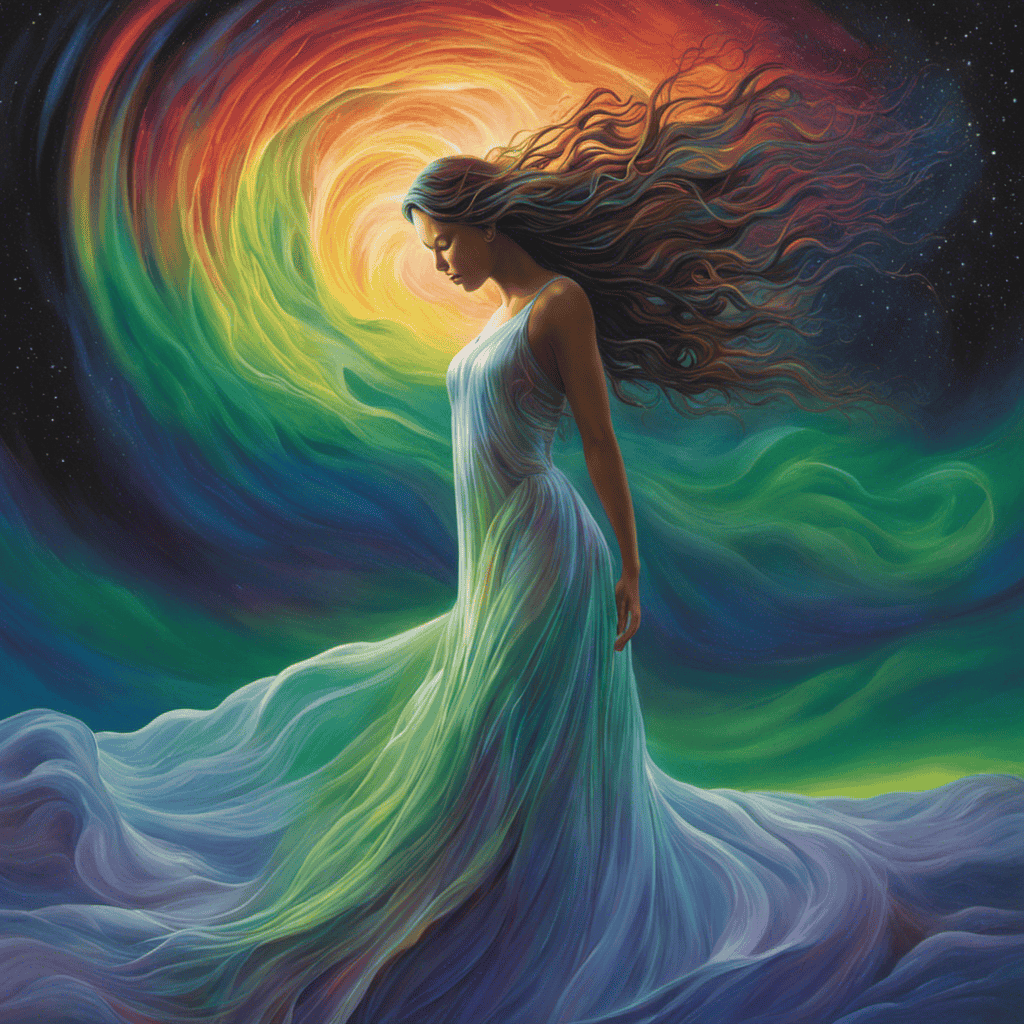 An image showcasing a serene figure enveloped in a vibrant, shimmering aurora borealis, shielding them from a stormy, dark cloud emitting negative energy