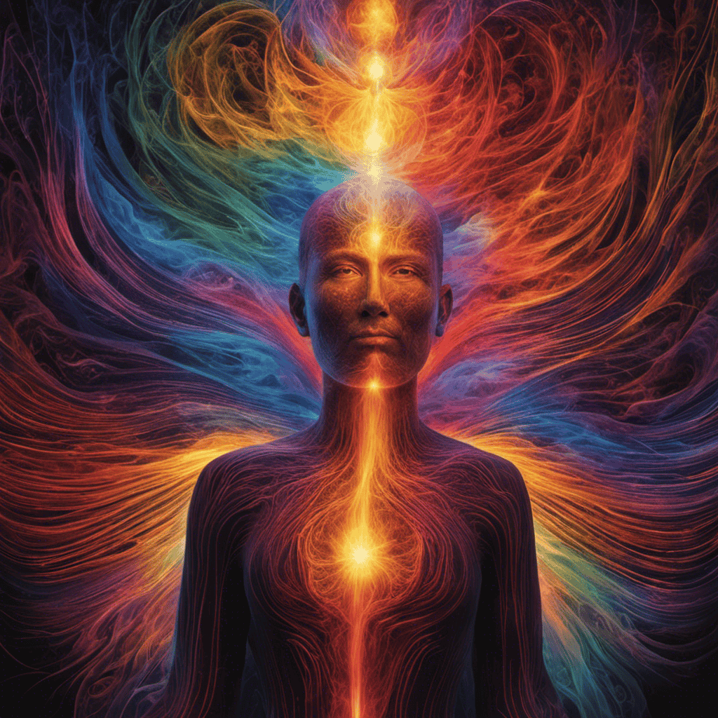 An image of a serene individual surrounded by vibrant, flowing auras in various colors