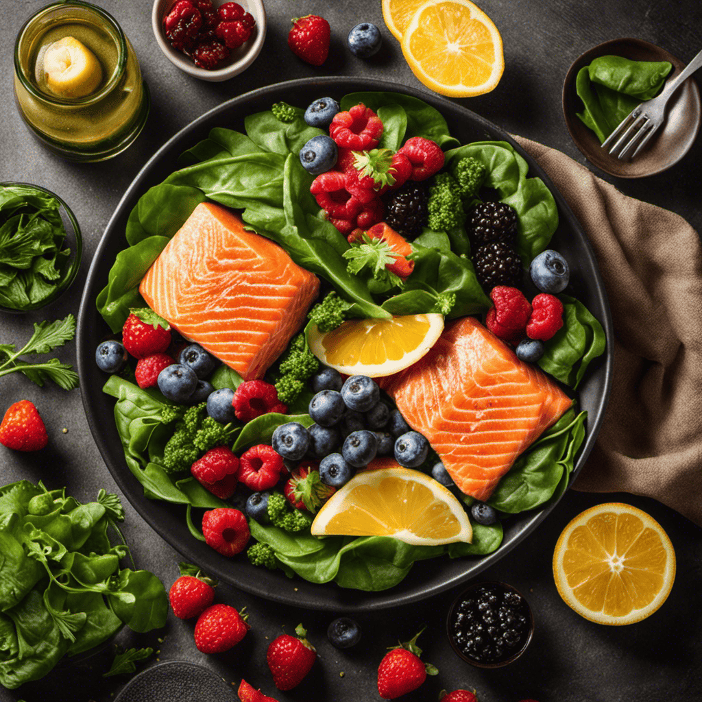 An image showcasing a well-balanced plate filled with anti-inflammatory foods like salmon, leafy greens, and berries, highlighting their ability to regulate cortisol levels and alleviate stress