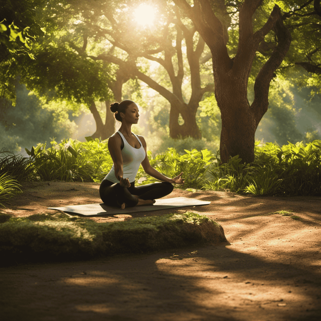 An image showcasing a serene park setting with a person engaged in a calming yoga pose, surrounded by greenery, while sunlight filters through the trees, conveying exercise as an effective stress management tool