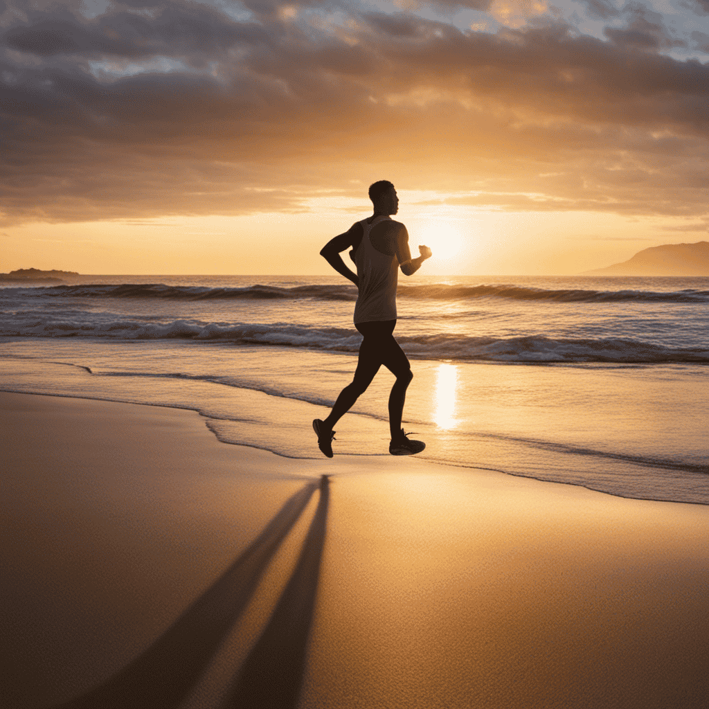 An image showcasing a person jogging on a serene beach at sunrise, with the sun casting a warm glow and waves crashing gently