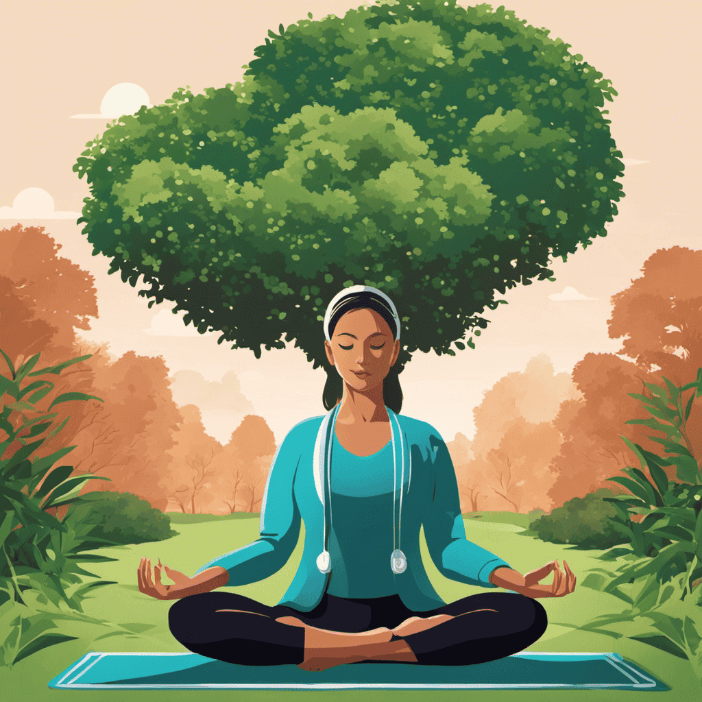 An image showcasing a serene park scene, with a person engaged in a yoga pose surrounded by lush greenery