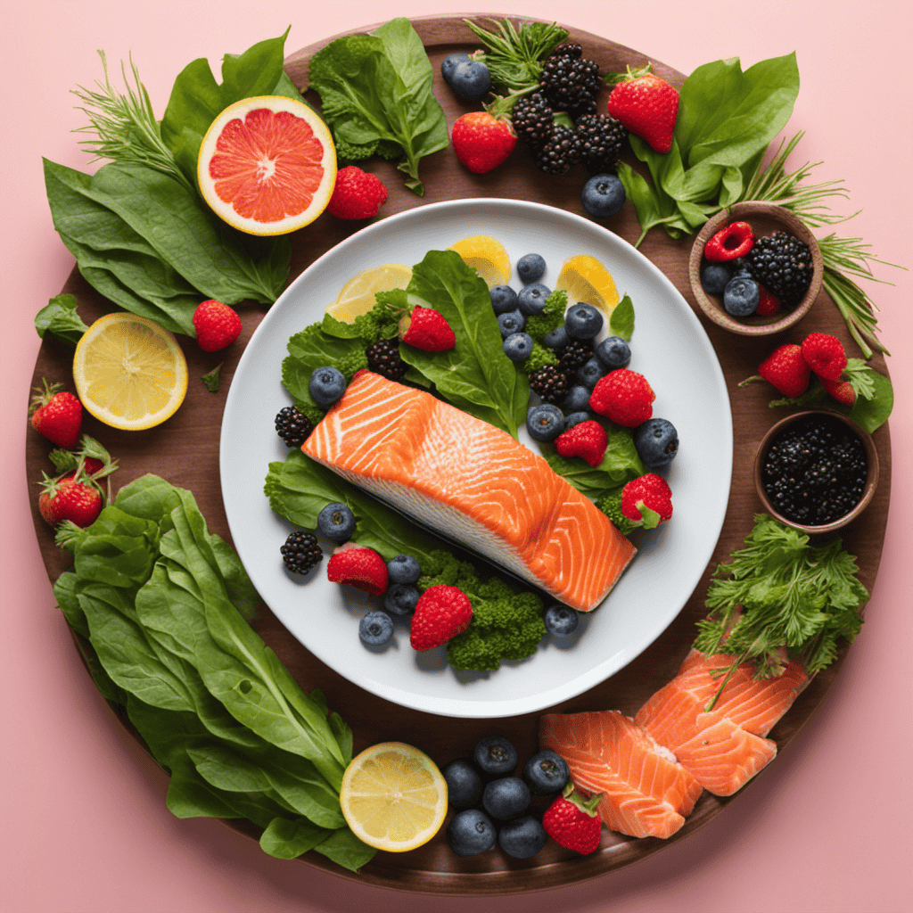 An image showcasing a vibrant plate filled with leafy greens, colorful berries, and omega-3 rich salmon, surrounded by calming elements like a yoga mat, soothing herbal tea, and a serene nature backdrop