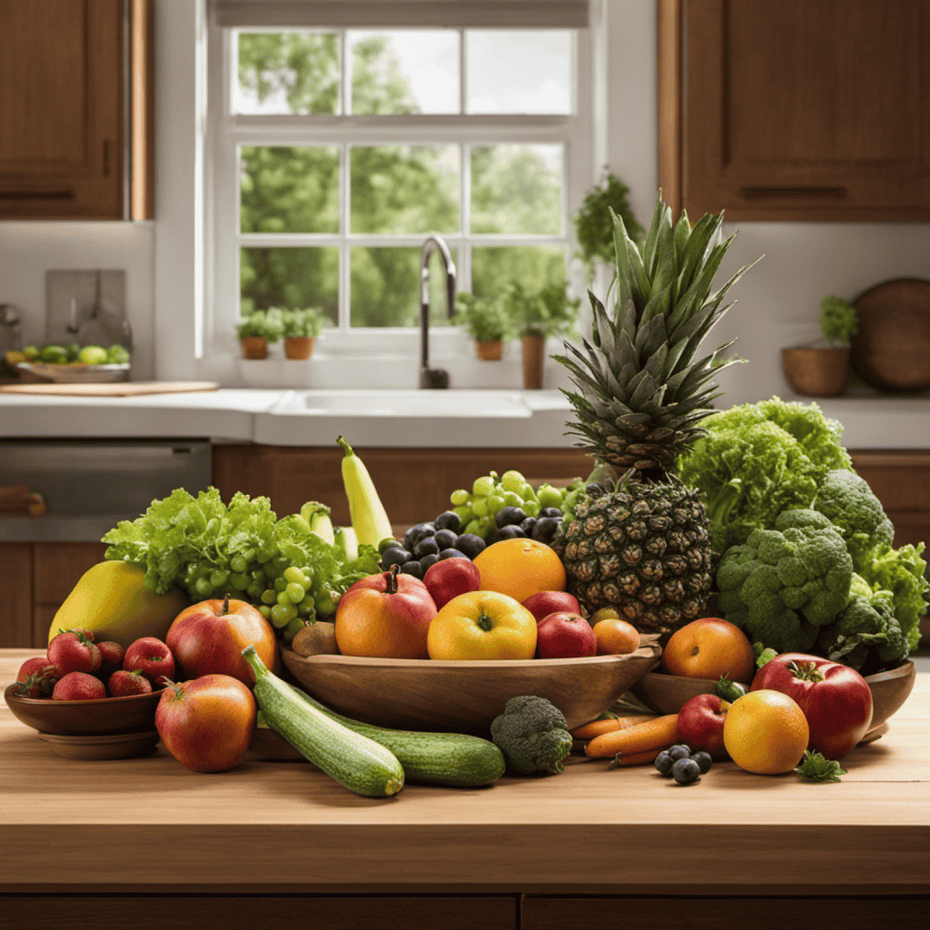 An image of a serene, nature-inspired kitchen scene with a variety of fresh fruits and vegetables beautifully displayed on a wooden countertop, accompanied by workout equipment nearby, showcasing the harmonious integration of exercise and diet for stress reduction
